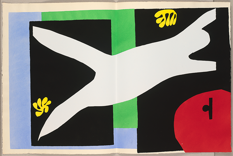 马蒂斯,《水族缸里的游泳者》,1947,阿诗布纹纸上镂花版版画,42 × 65 cm,法国北方省省立马蒂斯美术馆,勒卡托-康布雷齐,爱丽丝·特利亚德捐赠,2000年,藏品编号 2000-2-53(12)。图片由法国北方省省立马蒂斯美术馆,菲利普·伯纳德提供。