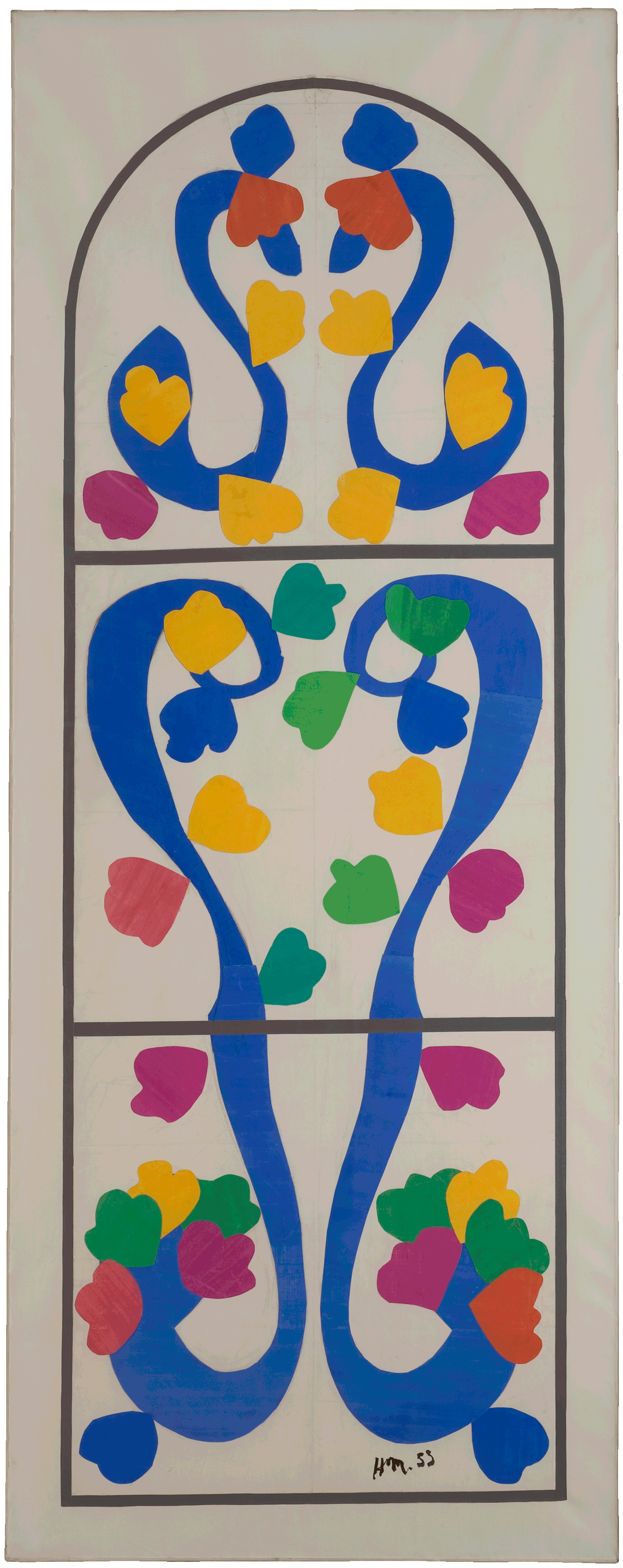 马蒂斯,《葡萄树》彩绘玻璃草图,1953年于尼斯市,布面裱贴纸上炭笔和不透明水彩纸剪贴,290 × 115 cm。皮埃尔·马蒂斯捐献国家,巴黎奥赛博物馆,存放于法国北方省省立马蒂斯美术馆,勒卡托-康布雷齐 ,1982年,Inv. RF 38908。图片由法国北方省省立马蒂斯美术馆,菲利普·伯纳德提供。