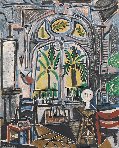 毕加索,《画室》,1955;1955年毕加索买下了距戛纳不远的别墅。画面描绘了别墅中的大画室,画中空无一人,似乎表达着斯人已逝的空寂。或许,这是毕加索对马蒂斯这位故友逝世最温情的道别(非此次展览展品)